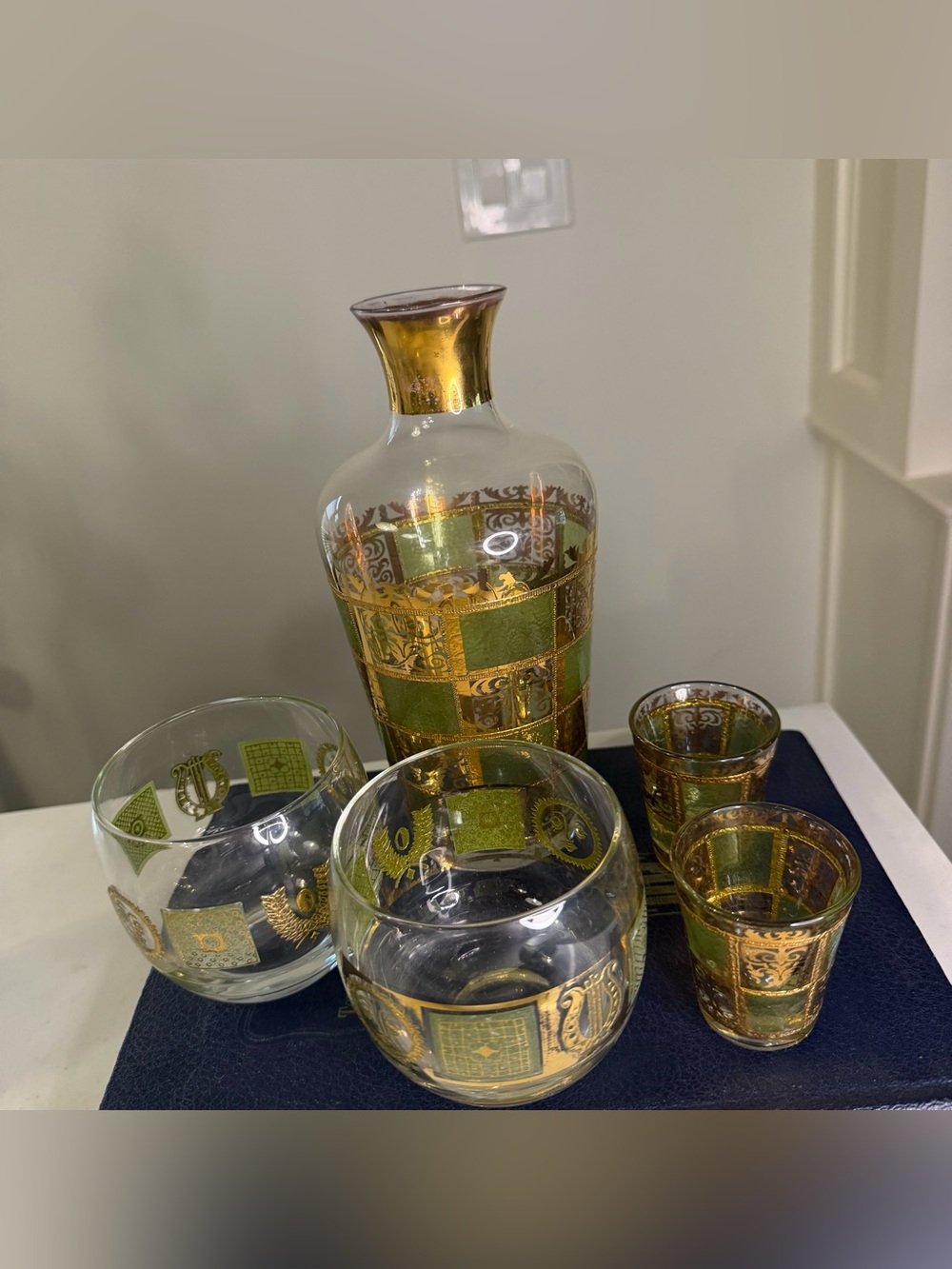 Vintage mid century modern Culver Prado Green and 22k gold Glass Decanter Set